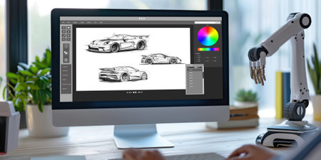 Electric car design software on computer screen showing simulation blueprint brisk by digital calculating application for manufacturing preparationの素材