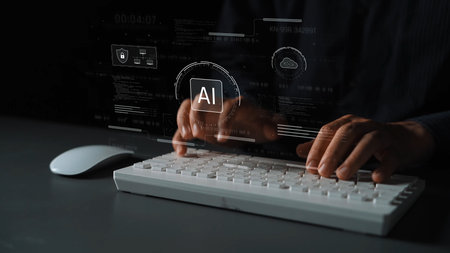 AI interface showing how artificial intelligence powers systems. AI Artificial intelligence transforms data, enables automation, and AI artificial intelligence drives innovation.の写真素材