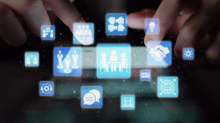 People networking and digital community with teamwork, partnership, collaboration and connection icons showing modern communication and relationship building.の写真素材