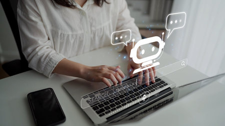 AI assistant with voice chat interface, combining smart chatbot, voice command, and AI-powered control search tools. Agentic AI assistant helps users search and chat naturally.の写真素材