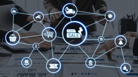 Flash sale icons show ecommerce, flash sale discount, and digital promotion. Flash sale drives customer shopping, flash sale marketing, and conversion growth. Funnelの写真素材