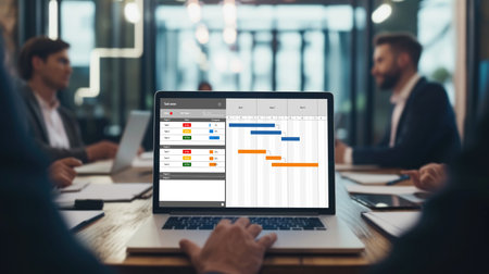 Project planning software for brisk business project management on the computer screen showing timeline chart of the team projectの素材