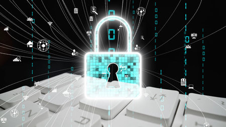 This image showcases a glowing digital padlock symbolizing cyber security over a keyboard,...