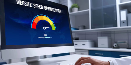 Computer software evaluating website loading speed. Concept of improving website loading speed brisk.の素材
