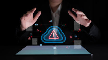 Cloud computing with alert icons and security elements, representing real-time threat detection,...