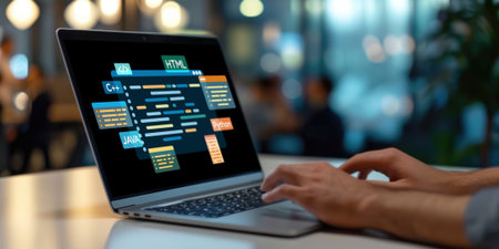 Software development or programming work with coding screen of various programming languages like HTML, , , and C brisk for new application developmentの素材