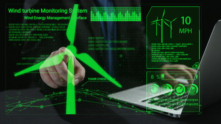 This stock photo showcases an advanced wind energy management system interface with green visual...