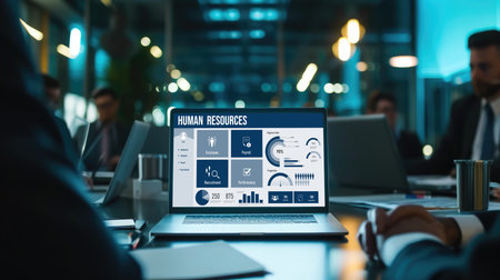 Human resources management software on computer screen helping human resources employee to manage recruitment, payroll, staff searching and KPI evaluation briskの素材