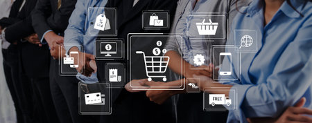 People queue in line with mobile devices, symbolizing the merging of traditional shopping with digital innovation, reflecting modern consumer habits and technology use.の写真素材