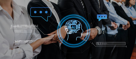 AI neural head with data connections and speech bubbles symbolizing smart data generation, learning,...
