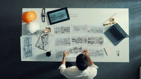 Top down aerial view of architect engineer placing building blueprint on table while checking and choosing project plan. Interior designer select architectural plan from meeting table.の写真素材