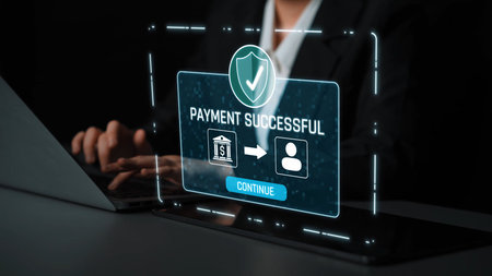 Successful transaction message showing secure payment. Payment confirmed, secured, payment processed, and payment completed with trust and transaction integrity.の写真素材
