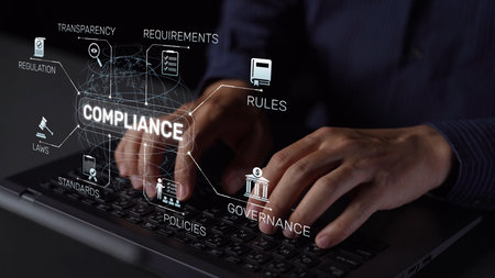 Compliance ensures alignment with standards, laws, and policies. A strong compliance system helps enforce regulation, protect organizations, and improve global compliance transparency.の写真素材
