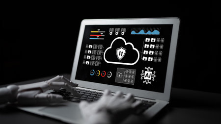 A futuristic view of a laptop screen with cybersecurity visuals, showcasing robotic hands...