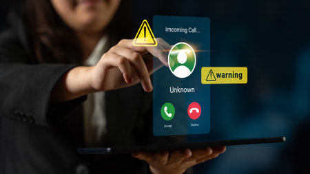 A business professional interacts with a digital tablet showing an incoming call from an unknown...