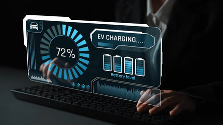 Charging interface for electric vehicles showing real-time battery level, charging status, power output, station location, and navigation for efficient energy managementの写真素材