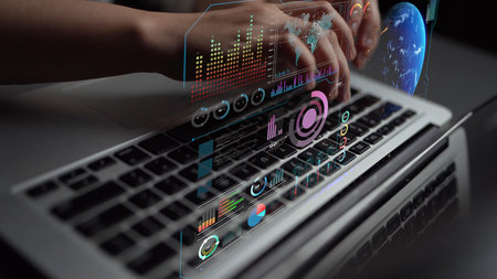 High-tech global network connection interface showing worldwide digital communication, data...
