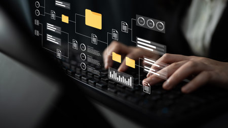 A professional workspace showcasing hands typing on a keyboard, surrounded by floating digital data...