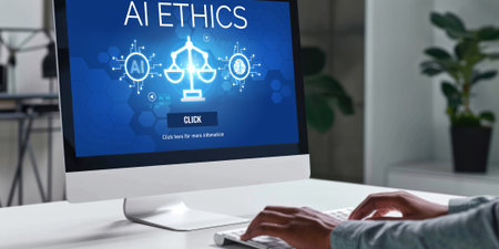 AI ethics responsibility standard law and rules on computer screen provide report of AI ethic transparency preventing technology crime. briskの素材