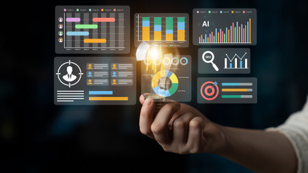 An innovative business analytics dashboard showcases key data metrics and insights through colorful graphics and user-friendly design, enhancing strategic decisions.の写真素材