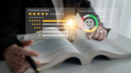 A business person studies customer reviews and ratings from a book while visualizing data metrics...