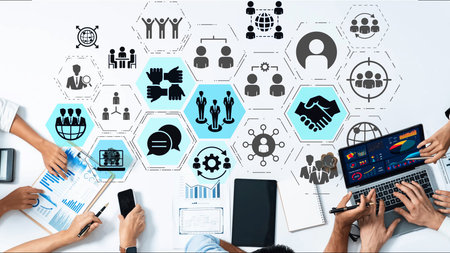 People networking and digital community with teamwork, partnership, collaboration and connection icons showing modern communication and relationship building.の写真素材