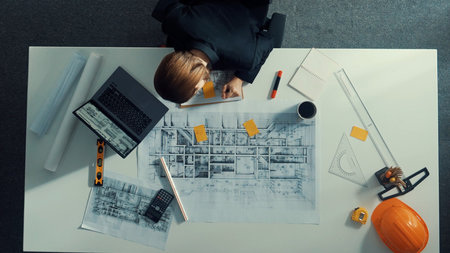 Aerial view of architect drawing while working at laptop. Top down view of caucasian engineer designing blueprint and drafting house model at table with equipment and safety helmet.の写真素材