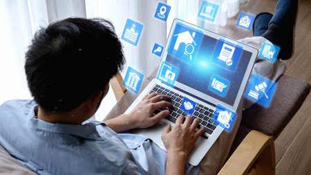 Online property search icons showing real estate rent, sale, housing, location, property management,...