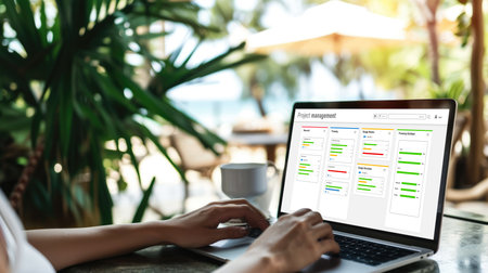 Project planning software for brisk business project management on the computer screen showing timeline chart of the team projectの素材