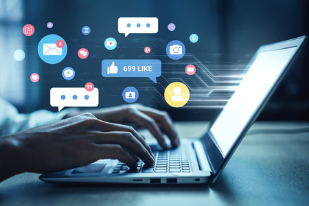 Multiple social media icons, likes, messages, and notifications representing online interaction, engagement, and digital communication Parseの写真素材