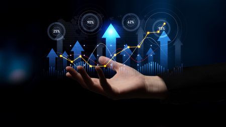 A hand reaches out to a digital graph displaying ascending arrows and numerical percentages,...