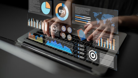 Innovative hands typing on a laptop, surrounded by dynamic data visualizations and graphs, illustrating the essence of business analytics and performance monitoring.の写真素材