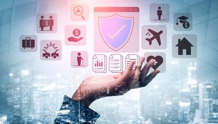 Various insurance icons like travel, health, home, and car protection connected to a central blue shield icon Parseの写真素材