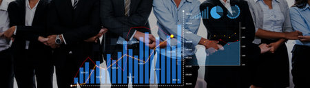 A diverse business team stands ready for collaboration, complemented by visual data analytics,...