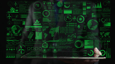 Explore a sleek visualization of green energy statistics on a laptop screen, showcasing key metrics...