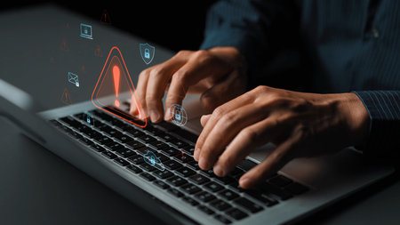 Cybersecurity threat alert protects data. Cyber security threat alert prevents access, alert warns breach, defends system, and cyber security threat alert identifies risk.の写真素材