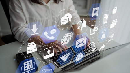 Email icons show digital communication, email service, and inbox management. Email supports online...