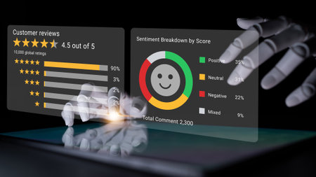 A digital display showcases customer reviews with detailed ratings and sentiment analysis,...