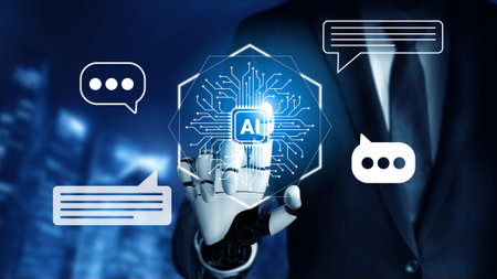 A business professional engages with a digital AI interface, illustrating advanced technology...