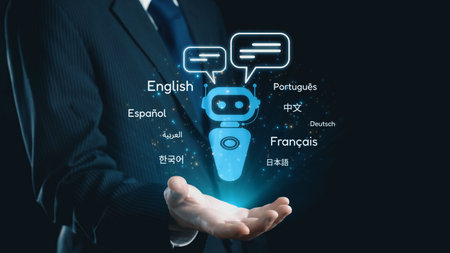 Global communication with multiple languages, digital translation tools, multilingual technology, cross-cultural communication, and virtual language learning environments. Elideの写真素材