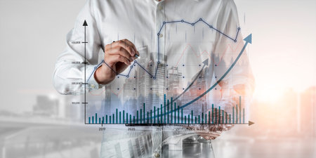Business analyst uses advanced tools to illustrate financial growth. The scene captures a dynamic...