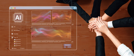 Team members collaborate around a digital interface showcasing AI technology, representing...