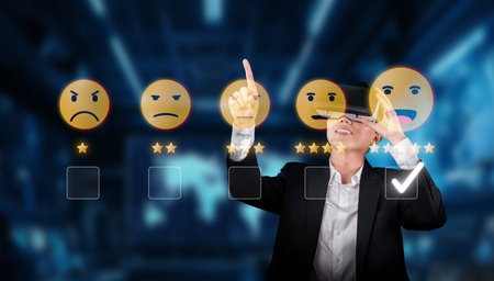 A modern professional collects feedback on customer experience, showcasing satisfaction ratings using digital tools in a corporate environment. Engaging emotions for quality improvement.の写真素材