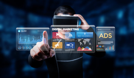 A person interacts with a virtual reality display showcasing digital marketing concepts, social media strategies, and advertising metrics for enhanced user engagement.の写真素材