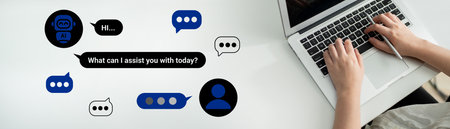 A view of hands typing on a laptop, featuring a chat interface with messages and speech bubbles that depict customer support interactions and online assistance.の写真素材