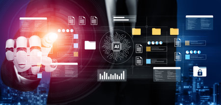 A businessman interacts with advanced AI technology in a corporate setting, showcasing data analytics and digital workflow. Ideal for themes of innovation and automation.の写真素材