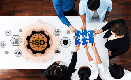 Concept of ISO certification for business quality management. This international standard ensures compliance, process control, and assurance for products and services.の写真素材