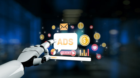 A robotic hand points at vibrant digital icons representing advertisements, finance, and online...