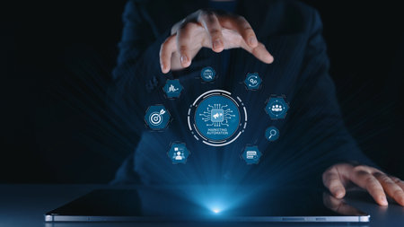 Marketing automation diagram showcase AI-driven campaign workflow, highlight marketing automation,...