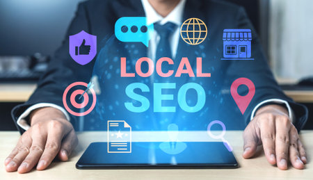 Business professional focuses on local SEO in a modern office, surrounded by digital marketing icons, emphasizing digital strategies and growth opportunities.の写真素材